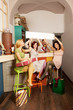 Photo : cheerful people in cafe with empty ad banner cheerful people in cafe with empty ad banner