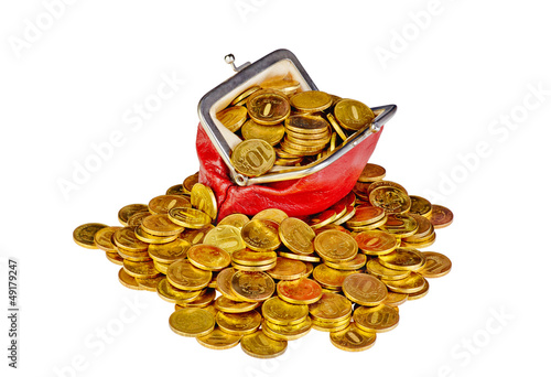 Photo: Old red purse with golden coins Old red purse with golden coins