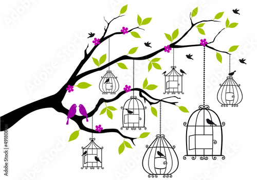 Vector: tree with birds and open birdcages, vector tree with birds and open birdcages, vector