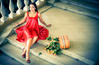 Girl in a red dress with a basket of roses