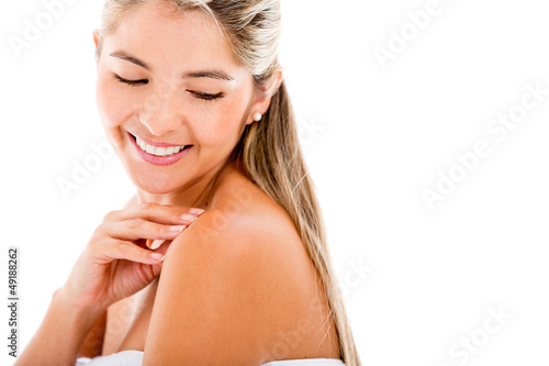 Photo: Woman stroking her skin Woman stroking her skin