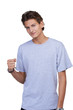 Handsome young guy clenching his fist in a positive gesture with