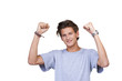 Handsome young guy clenching both his fists in a positive gestur