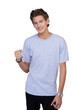 Handsome young guy clenching his fist in a positive gesture with