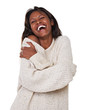 Studio shot of a happy-looking young woman embracing herself in 