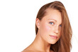 Photo: Closeup studio portrait of a beautiful young woman isolated on w Closeup studio portrait of a beautiful young woman isolated on w