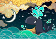 Cartoon style whale, night, half moon and clouds