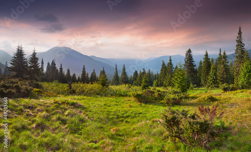 Photo: Beautiful summer landscape in the mountains. Sunrise Beautiful summer landscape in the mountains. Sunrise