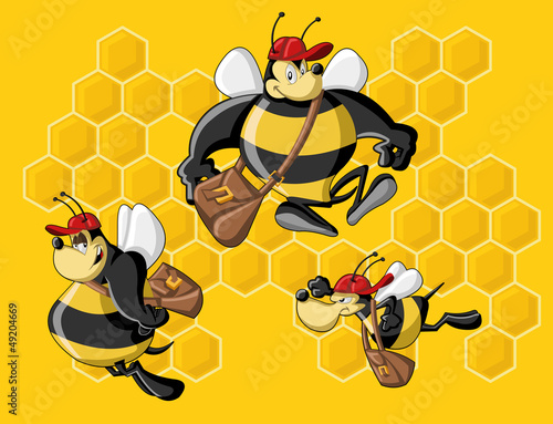 Vector: Cartoon bees in front of a honeycomb. Bee hive. Cartoon bees in front of a honeycomb. Bee hive.
