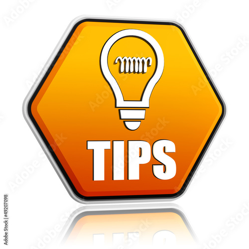 Illustration: tips and bulb symbol in orange hexagon banner tips and bulb symbol in orange hexagon banner