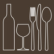 Bottle, wineglass, fork, knife and spoon