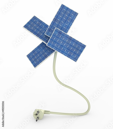 Illustration: four solar panels like a flower over energy cable four solar panels like a flower over energy cable