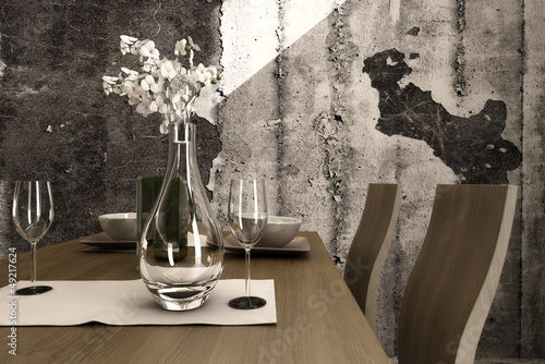 Illustration: Closeup of a dining table with glasses and flowers Closeup of a dining table with glasses and flowers