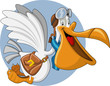 Cartoon pelican with an open big beak flying carrying a bag