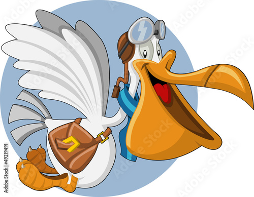 Vector: Cartoon pelican with an open big beak flying carrying a bag Cartoon pelican with an open big beak flying carrying a bag