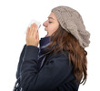 Photo: Sneezing teen girl from side isolated on white background Sneezing teen girl from side isolated on white background
