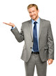 Happy young businessman showing empty copyspace on white backgro