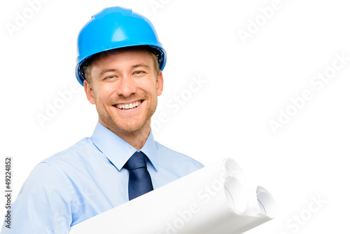 Photo: Happy young bussinessman architect on white background Happy young bussinessman architect on white background