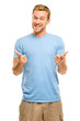 Happy man pointing - portrait on white background