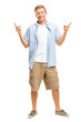 Happy man pointing - portrait on white background