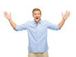 happy young man celebrating success on white background