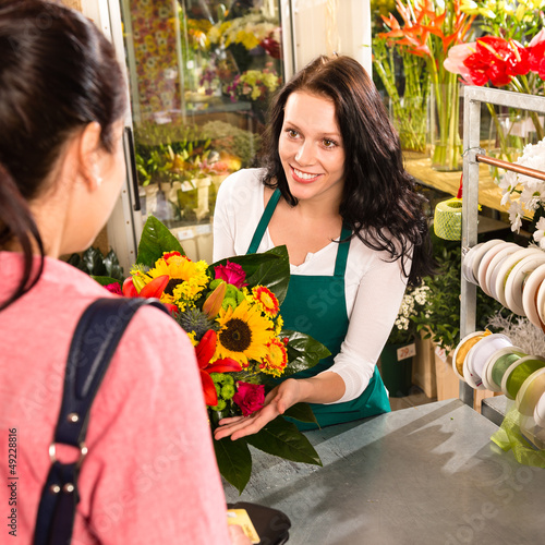 Photo: colorful bouquet florist woman selling customer flower colorful bouquet florist woman selling customer flower