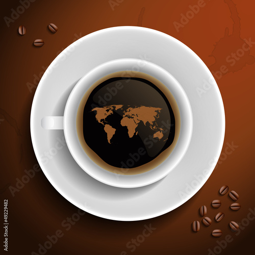 Vector: World map in coffee cup. World map in coffee cup.