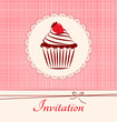 Label with cupcake on pink seamless textile background.