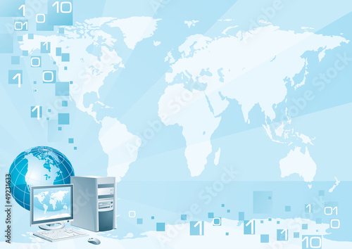 Vector: Computer world. Computer, globe and map Computer world. Computer, globe and map