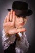 woman making stop gesture.
