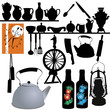 tableware, watches, spinning wheel, lamp,