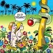 Adam and Eve face the snake with apple