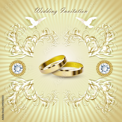 Vector: Romantic wedding invitation card with rings and pigeons. Romantic wedding invitation card with rings and pigeons.