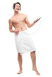 Photo: Man wrapped in towel listening to music Man wrapped in towel listening to music