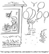 Speaker is in yard collecting thought balloons