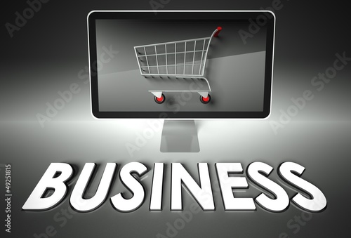 Illustration: Computer and shopping cart with Business, E-commerce Computer and shopping cart with Business, E-commerce