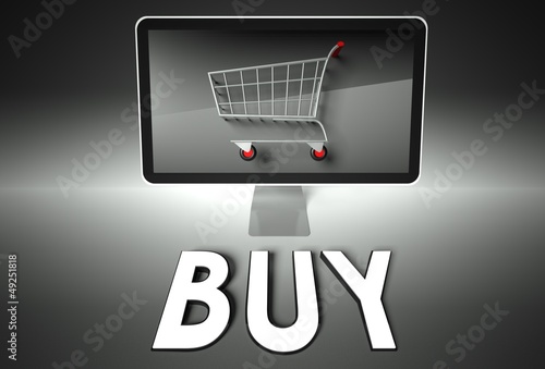 Illustration: Computer and shopping cart with Buy, E-commerce Computer and shopping cart with Buy, E-commerce