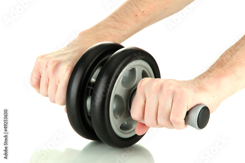 Photo: Man hands with sport equipment, isolated on white Man hands with sport equipment, isolated on white