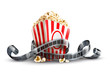 paper bag with popcorn and movie reel vector illustration