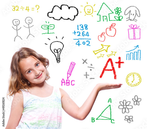 Photo: School girl with hand written school theme School girl with hand written school theme