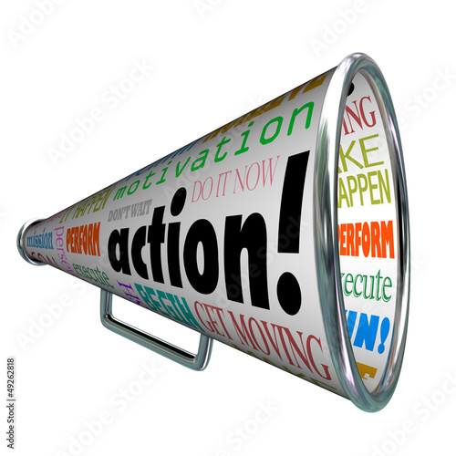 Illustration: Action Words Bullhorn Megaphone Motivation Mission Action Words Bullhorn Megaphone Motivation Mission