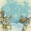 Winter grungy postcard with snowy Christmas trees