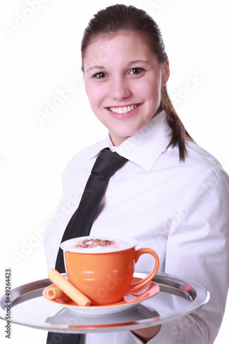 Photo: Kellnerin mit Cappuccinotasse 2 Kellnerin mit Cappuccinotasse 2