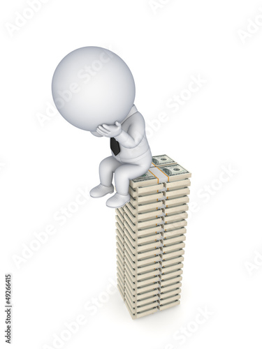 Illustration: Sad 3d small person sitting on a stack of dollars. Sad 3d small person sitting on a stack of dollars.