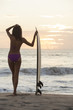 Woman Bikini Surfer & Surfboard Sunset Beach
