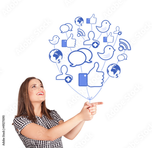 Photo: Happy lady holding social icon balloon Happy lady holding social icon balloon