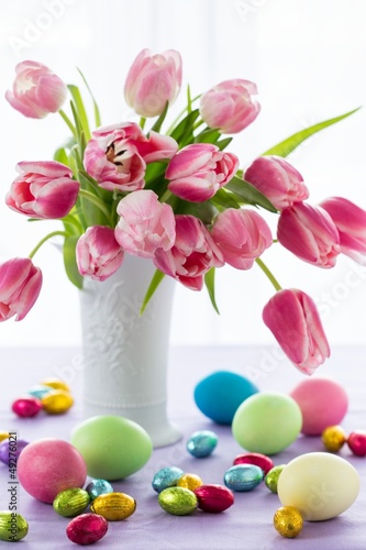 Photo: Easter eggs and tulips Easter eggs and tulips
