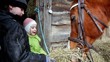 Two children boy and girl feed horse, closeup view