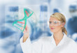 Doctor using touchscreen displaying DNA helix diagram