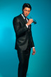 Asian man in suit with sunglasses. Summer fashion. Studio.